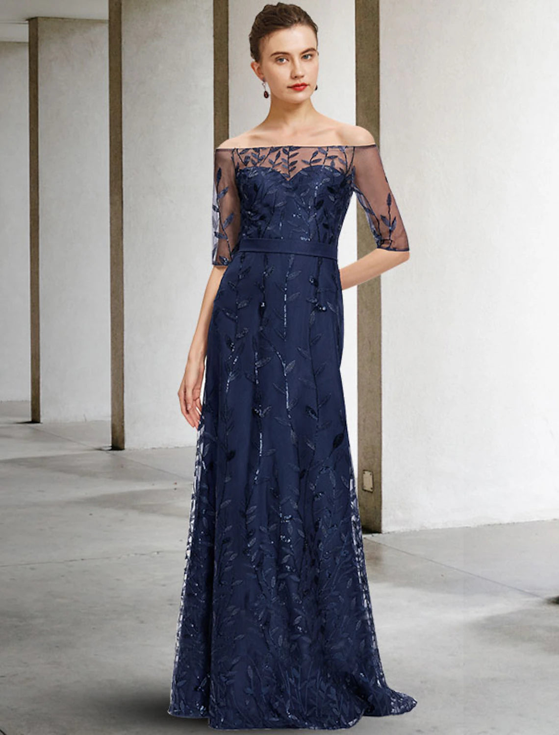 Wholesale  A-Line Mother of the Bride Dress Elegant Sparkle & Shine Off Shoulder Floor Length Lace Tulle Half Sleeve with Sequin Appliques
